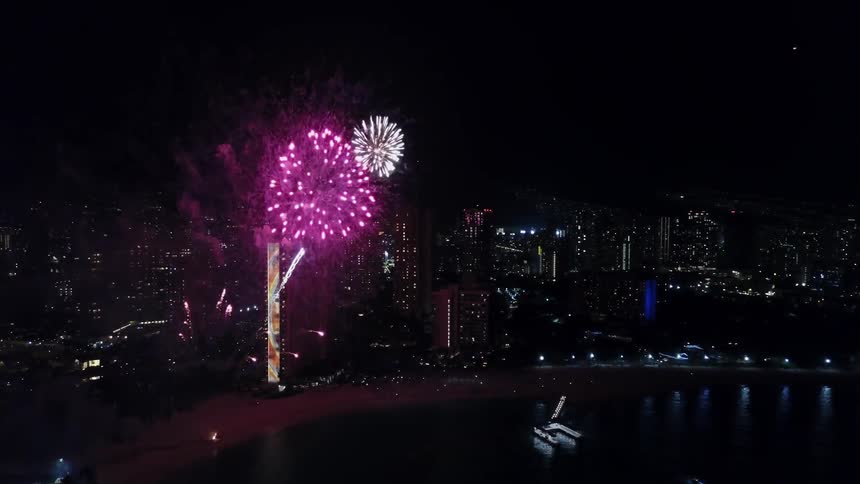 Fireworks exploding in a city at night