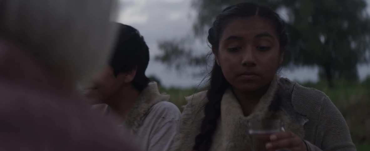 A girl is drinking and talking at a family meal