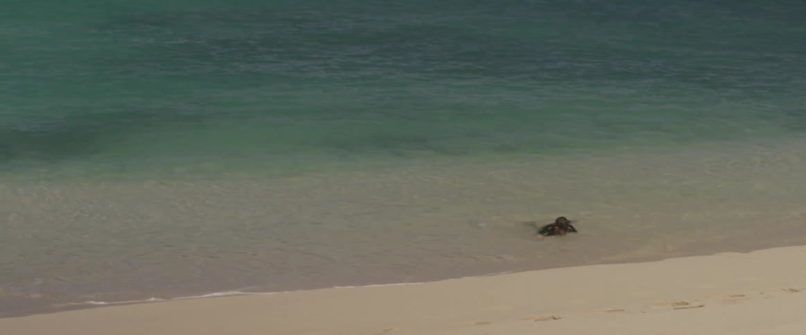 A person is lying in the water of the beach