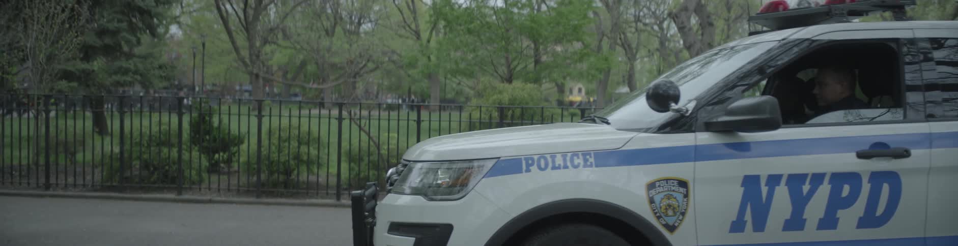 A police car is parked next to a park
