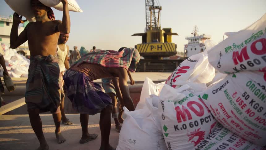People lift bags near a port