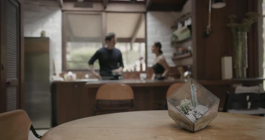 Two people talk together in the kitchen