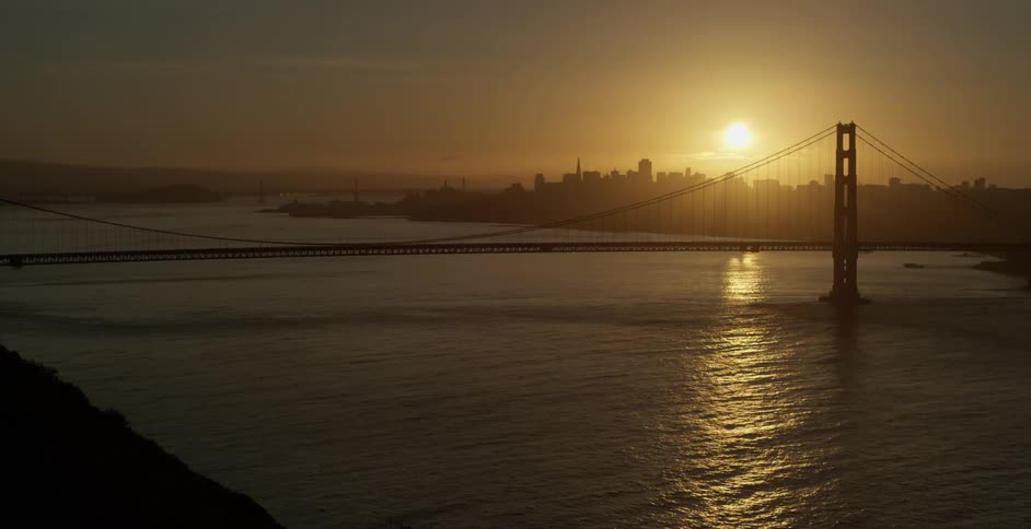 Sun setting over a large city as seen from across a river