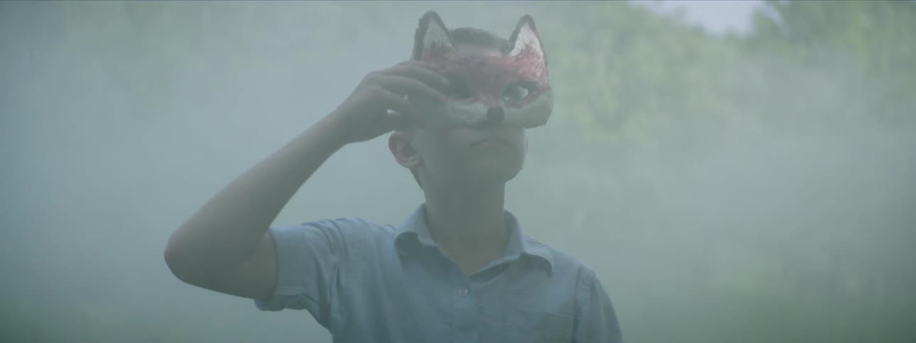 Boy standing in a hazy forest wearing a fox mask