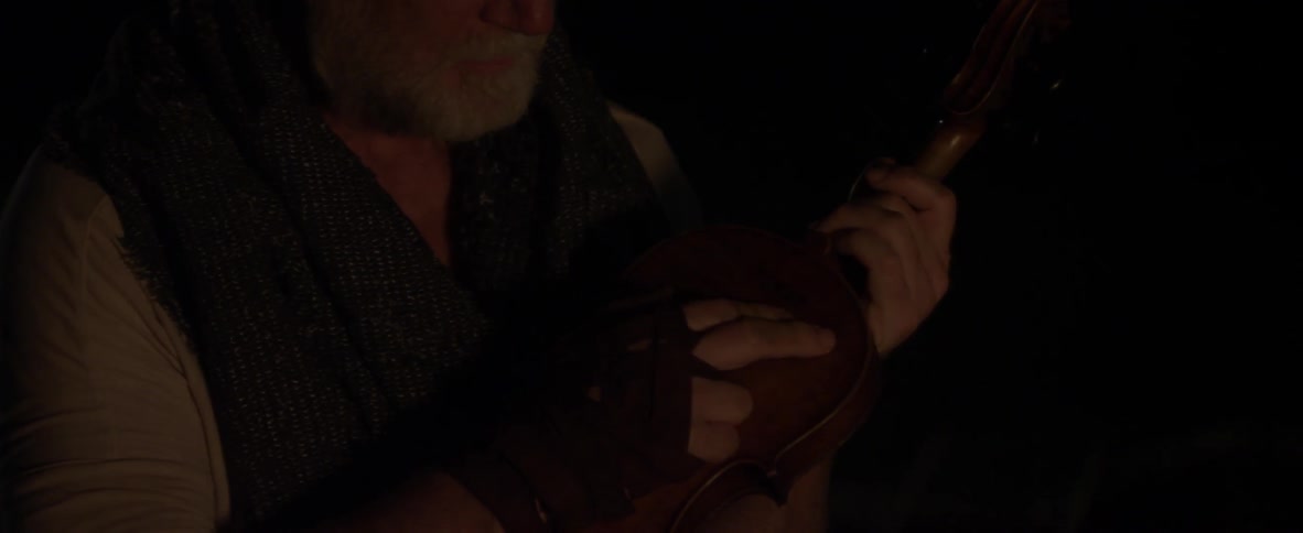 Bearded man caresses his violin