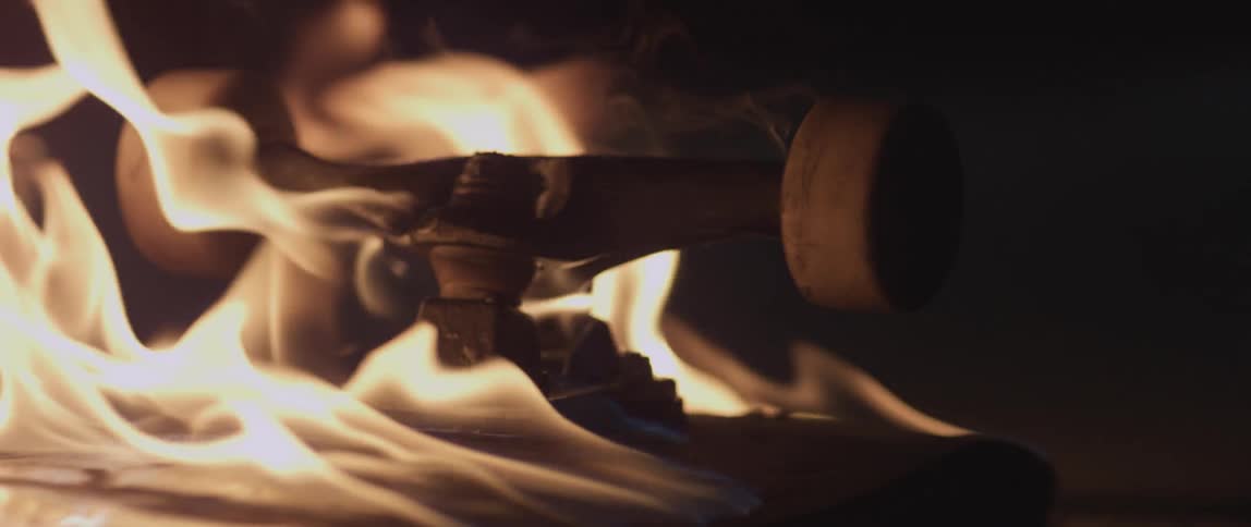 A skateboard is on fire