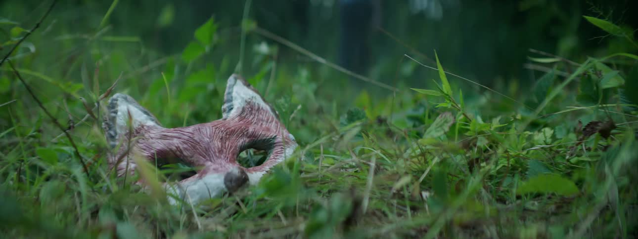 A fox mask is laying in the grass