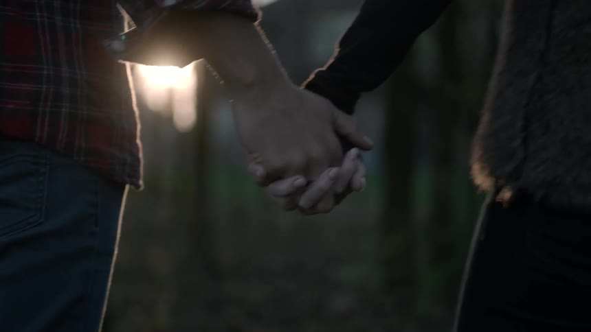 Two people hold hands in the woods
