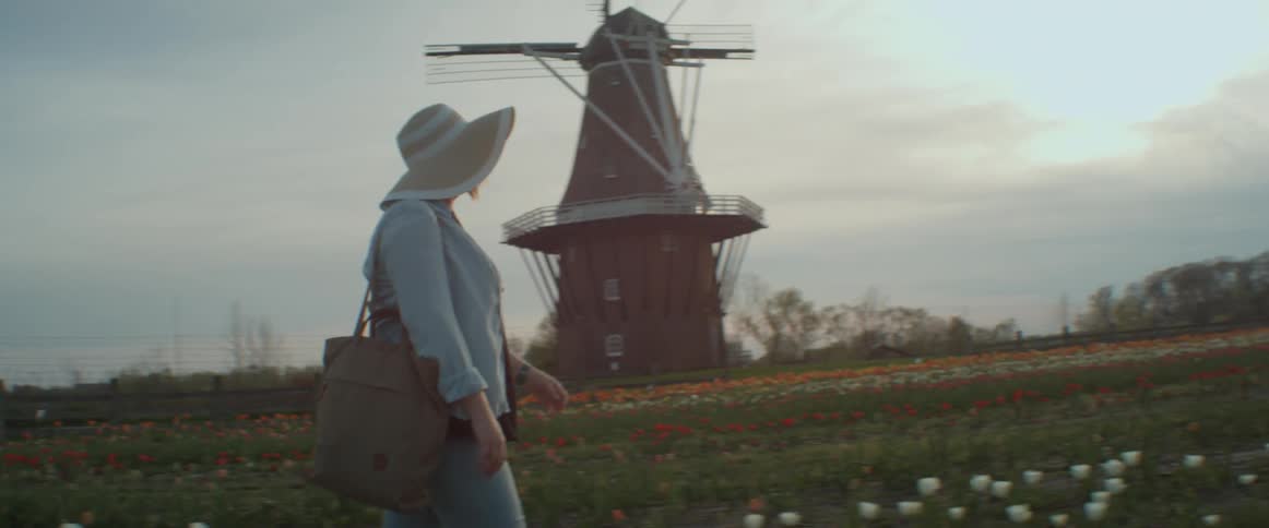 A woman in a large hat is walking through a field of flowers with a windmill in the background