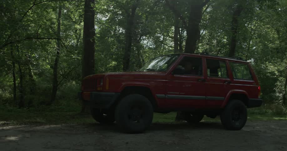 A car drives through the forest