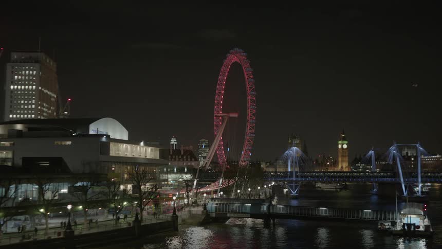 A city skyline with a large ferris wheel is being filmed from the waterfront