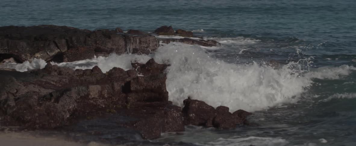 Ocean waves crash into a rocky shore