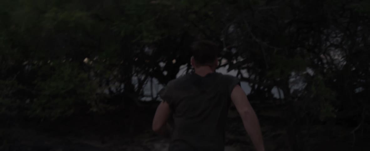 Man runs through the trees to the beach
