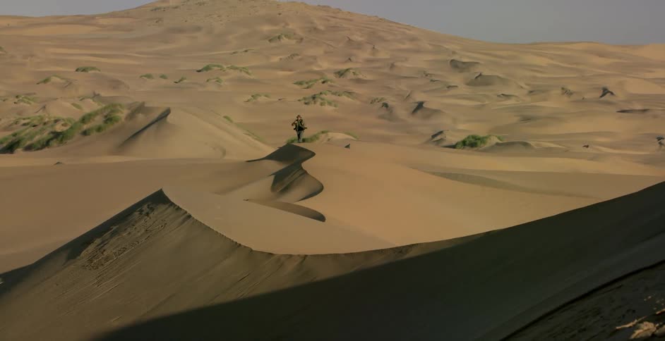 Person walks over sand dunes in the desert