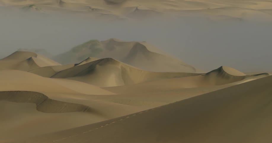 The sand dunes are high and covered in fog