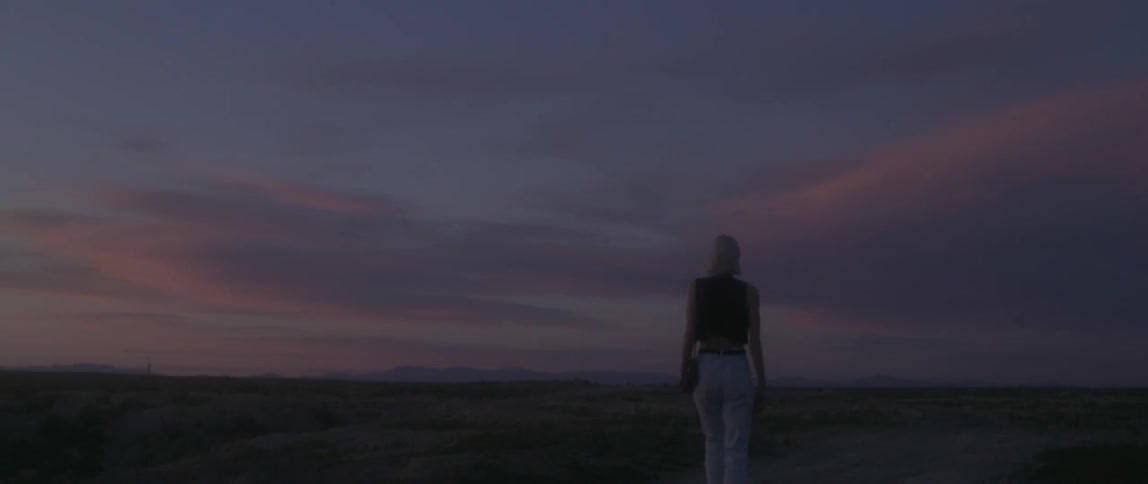 A woman walks down the field at dusk