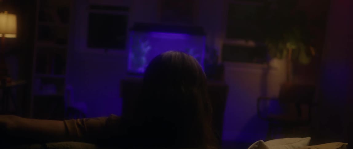 Man sits on a couch looking at an aquarium