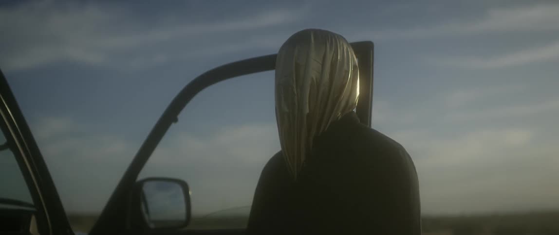 A masked figure stands next to a car