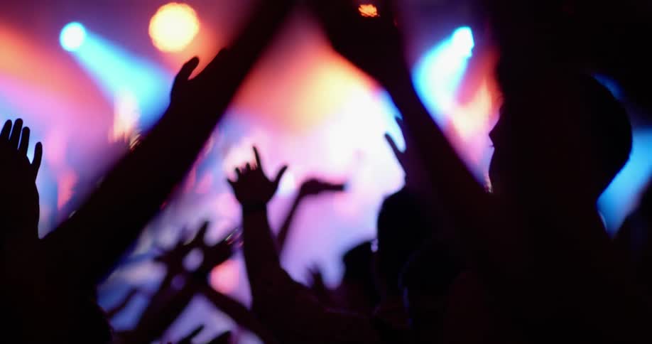 People dance at a concert in a dance hall