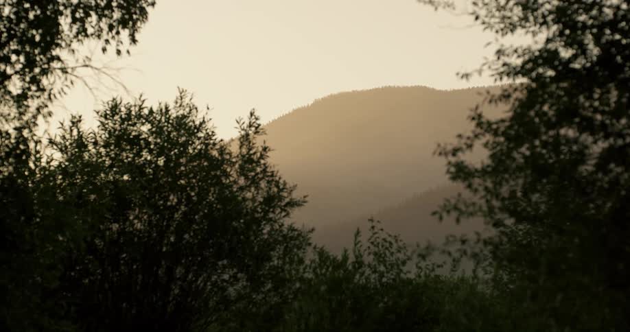 A haze settles over mountains and trees