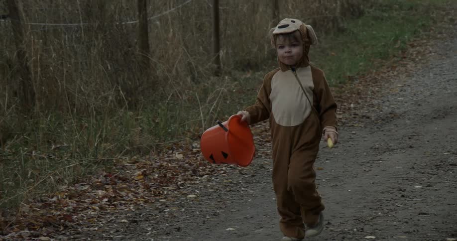 A child carries a basket wearing a costume