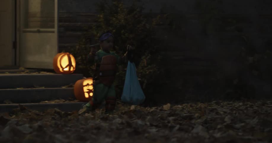 A little boy dressed as a ninja turtle is trick or treating