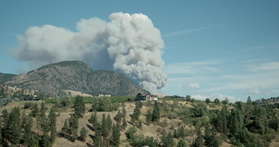 Smoke clouds from a fire billow in the distance behind homes