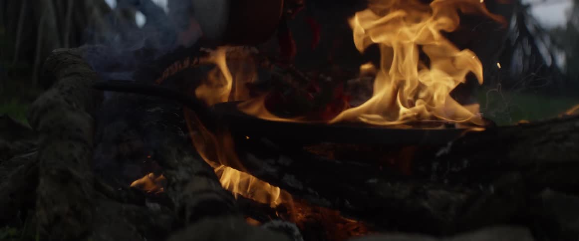 Something is poured from a pan onto a campfire