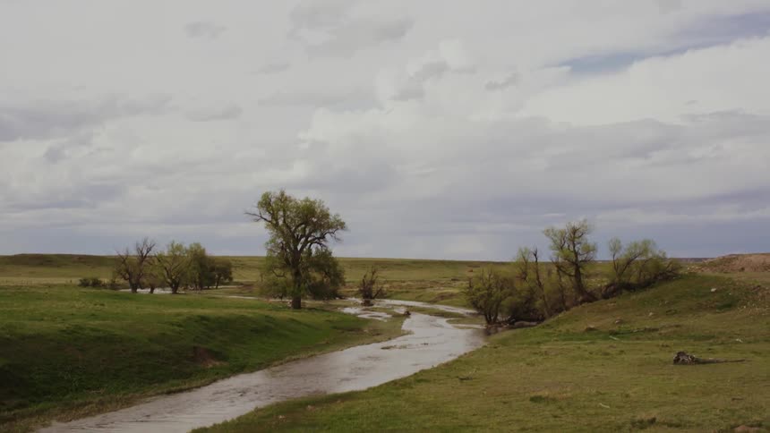 A river flows through a grassy rural area