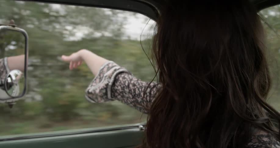 A woman smiles and holds her arm out the window of a moving car