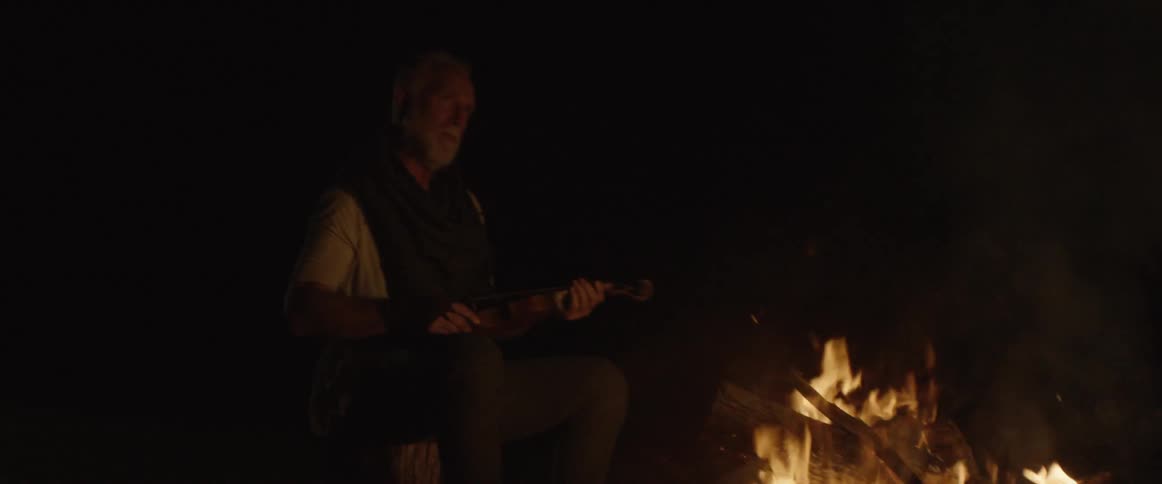 A man is holding a violin next to a campfire