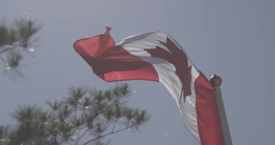 A flag waves in the wind on a sunny day