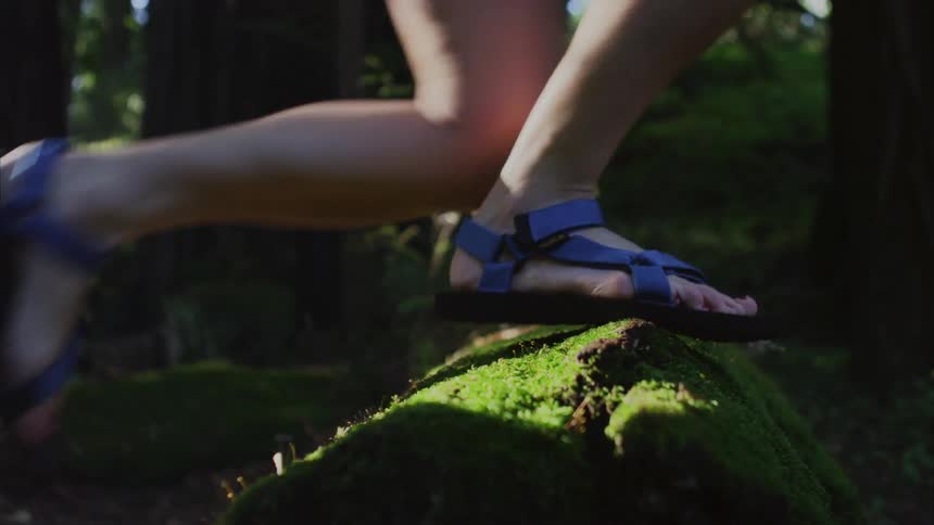 People  wearing sandals step over a wooden log