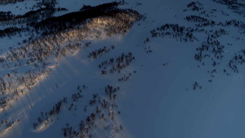 Snow covers the landscape along with trees