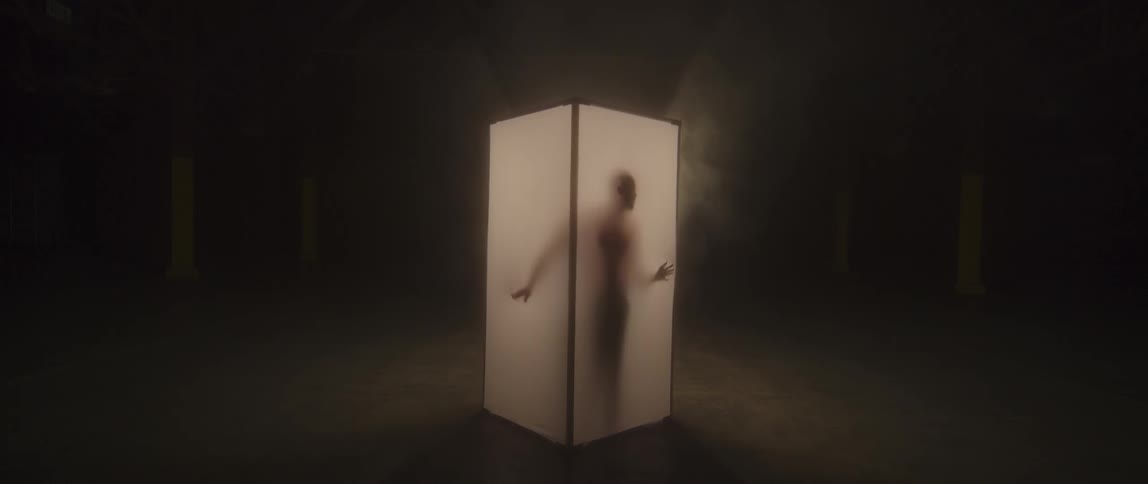 Person standing in an touching the screened walls of a box