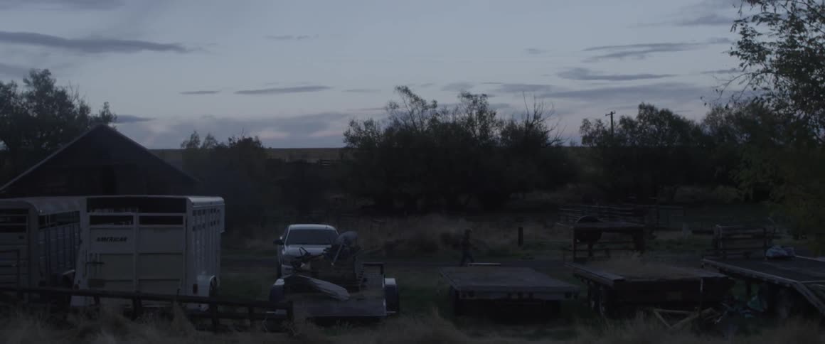 A man walks on farmland at dawn