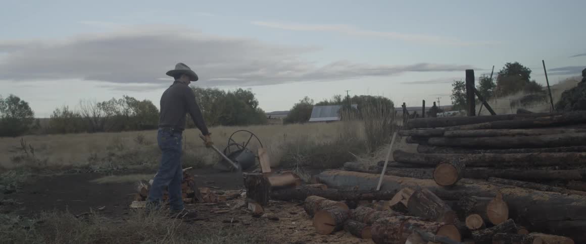 A man chops firewood with an ax