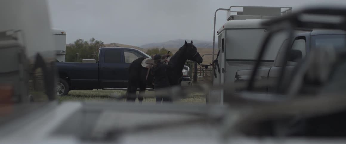 A woman saddles a horse tied to a trailer