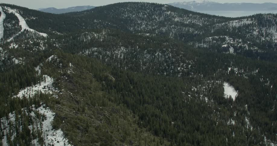 Snow covered trails are visible on the tree covered mountains in Lake Tahoe, California