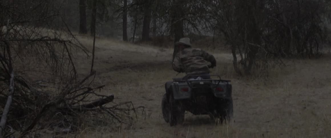 A man rides an atv through the woods