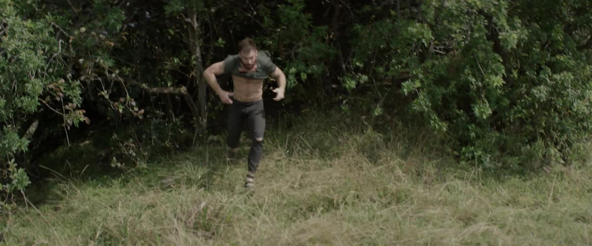 The forest is dense, and a man runs out of it