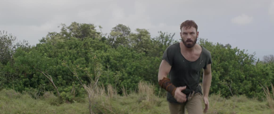 Bearded man jogs in a field