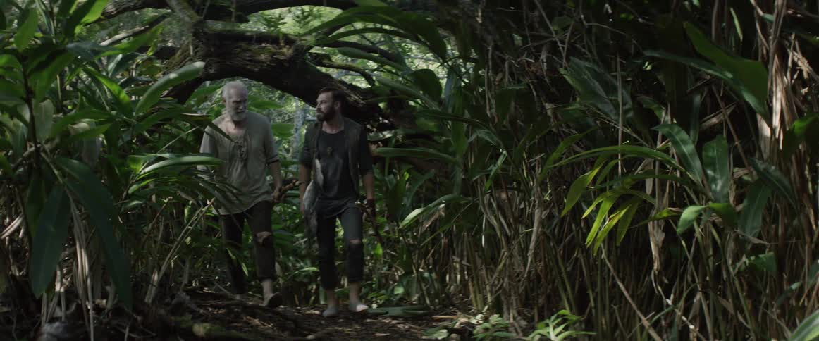Two men walk in a jungle while carrying large sticks