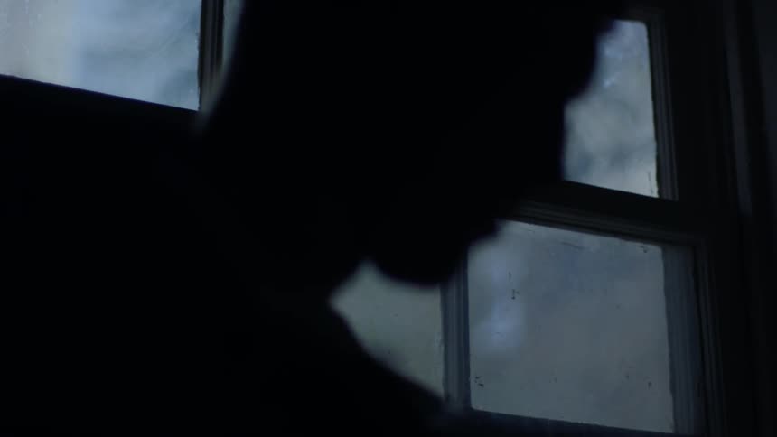 A man stands next to paned windows