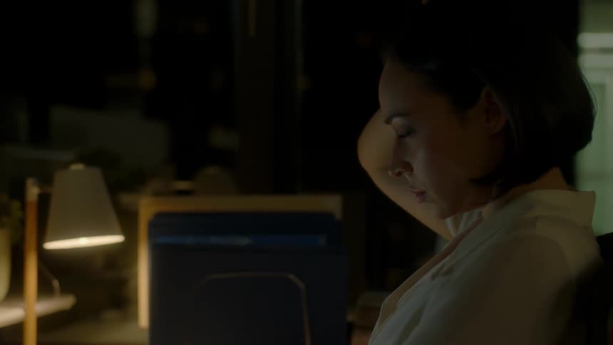 A woman uses a laptop on the desk