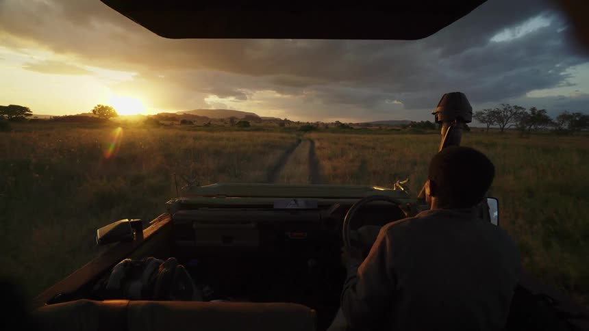 Person drives a jeep through grassy plains at sunset