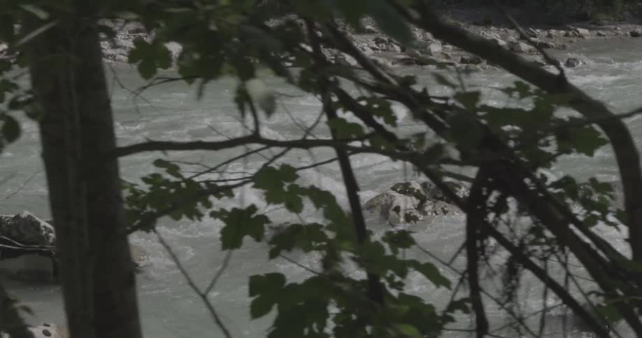 Water rapids flow in a river between rocks