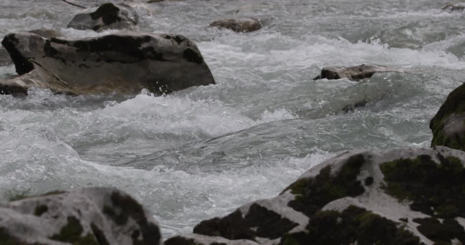 Water rapids flow in a rover between rocks