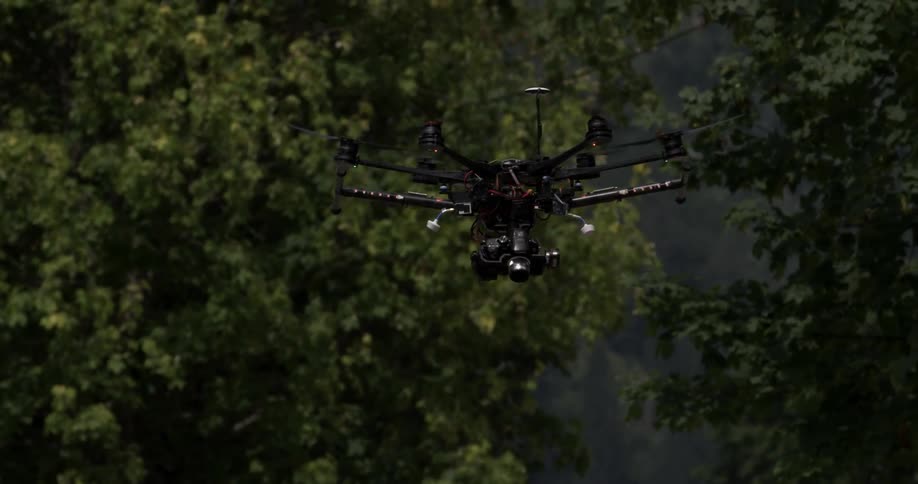 Small drone flies above trees
