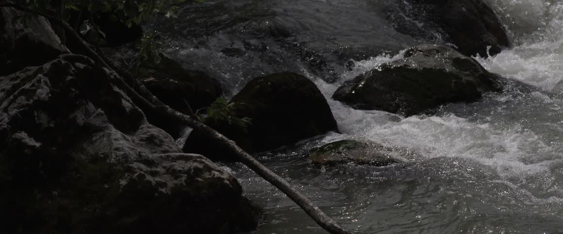 Water rapids flow in a river between rocks